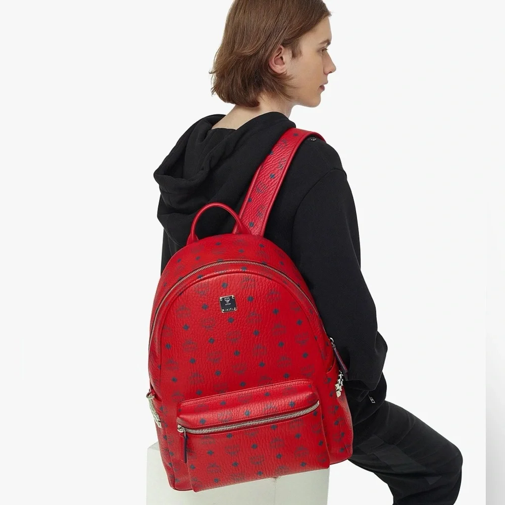 MCM Stark Side Studded Red Visatos Monogram Backpack with Leather Trim - Picture 13 of 16